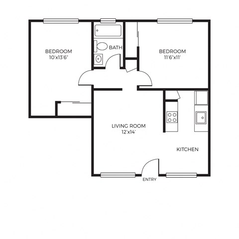 Floor plan for 2 beds, 1 bath, 836 sqft